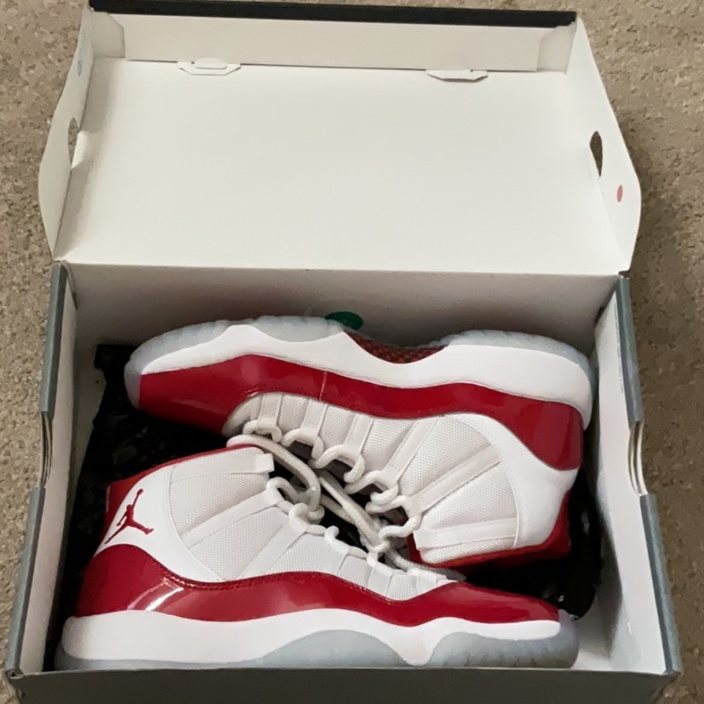 Jordan Red and White Sneakers with High-Top Design and Rubber Sole